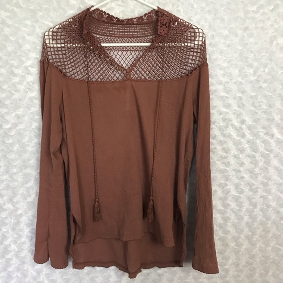 Free People On the Island Bell Sleeve Top XS Lace Crochet Fishnet - Picture 4 of 8